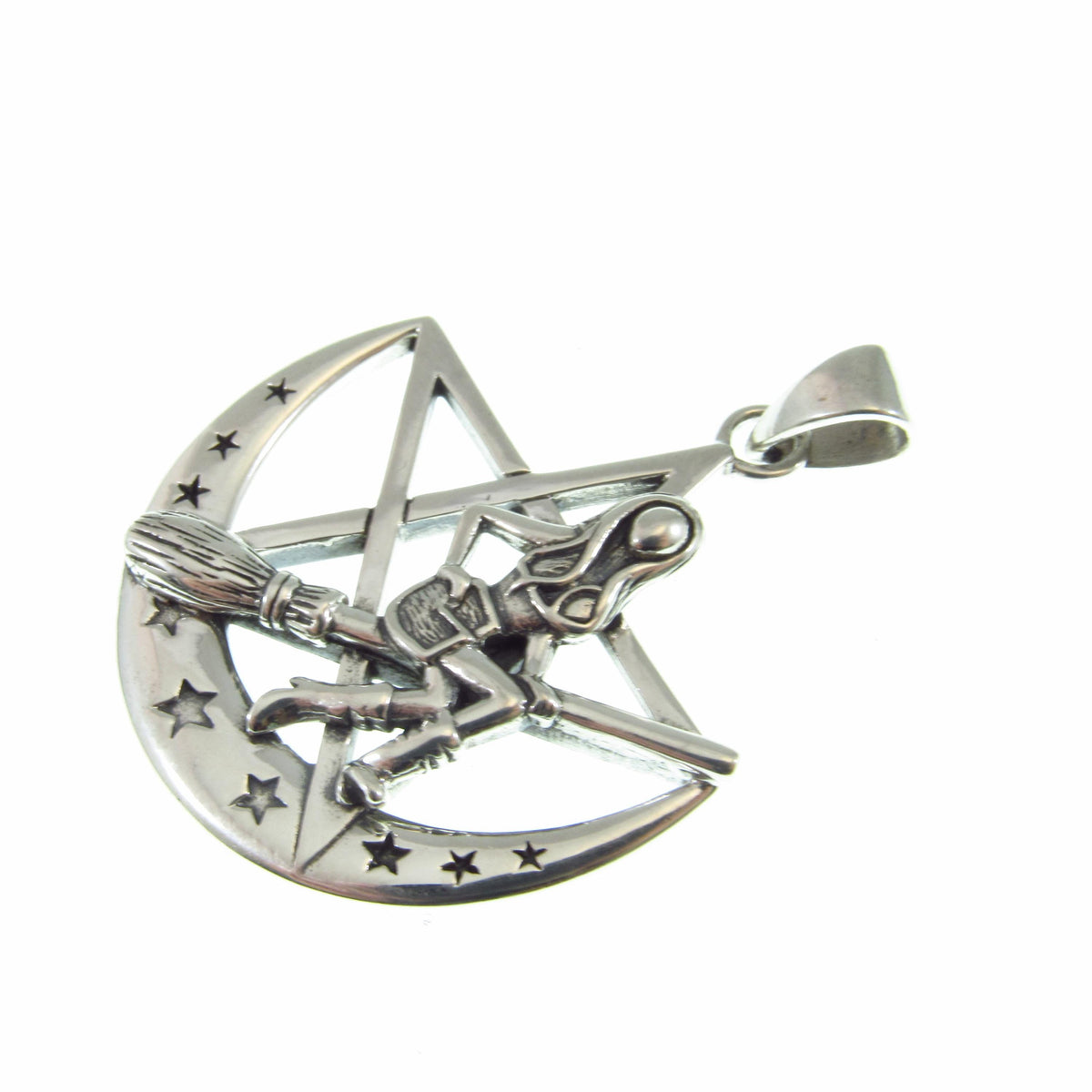 Solid 925 Sterling Silver Salem Witch on Crescent Moon Pentagram Pendant, Pagan Amulet