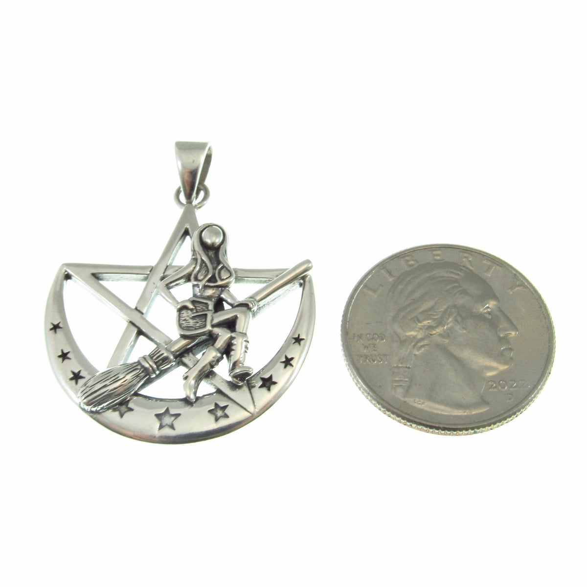 Solid 925 Sterling Silver Salem Witch on Crescent Moon Pentagram Pendant, Pagan Amulet