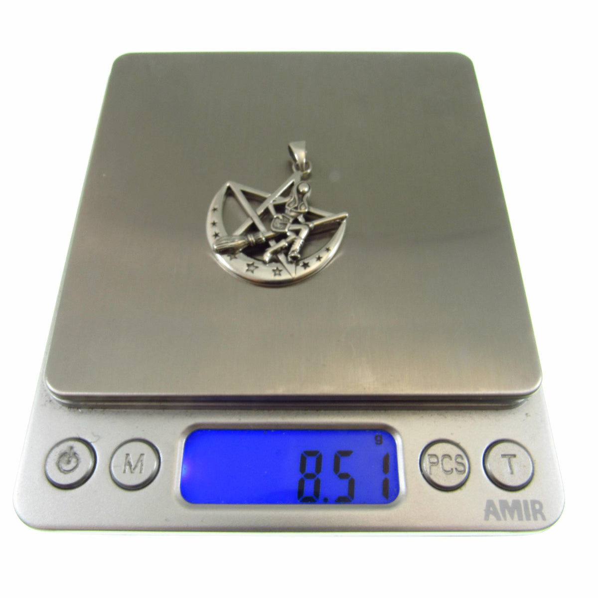 Solid 925 Sterling Silver Salem Witch on Crescent Moon Pentagram Pendant, Pagan Amulet