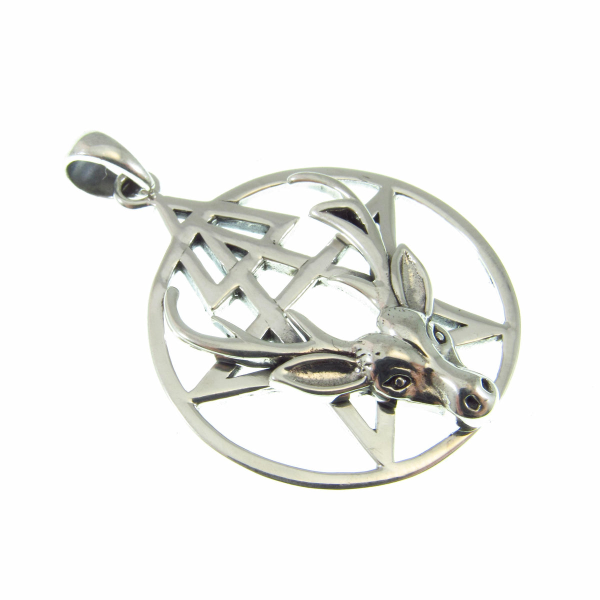 Solid 925 Sterling Silver Stag Pentacle Pendant, Antler Pagan Amulet, Third Degree Symbol