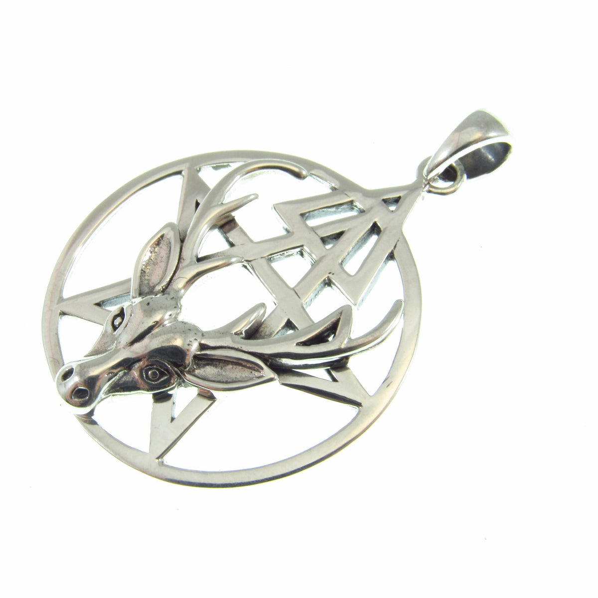 Solid 925 Sterling Silver Stag Pentacle Pendant, Antler Pagan Amulet, Third Degree Symbol