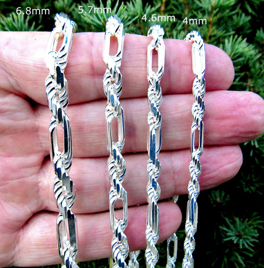 Solid 925 Sterling Silver Figarope / Milano Chain - Italian Figaro Link + Diamond Cut Rope Necklace for Men, 4mm-6.8mm, 7"-30"