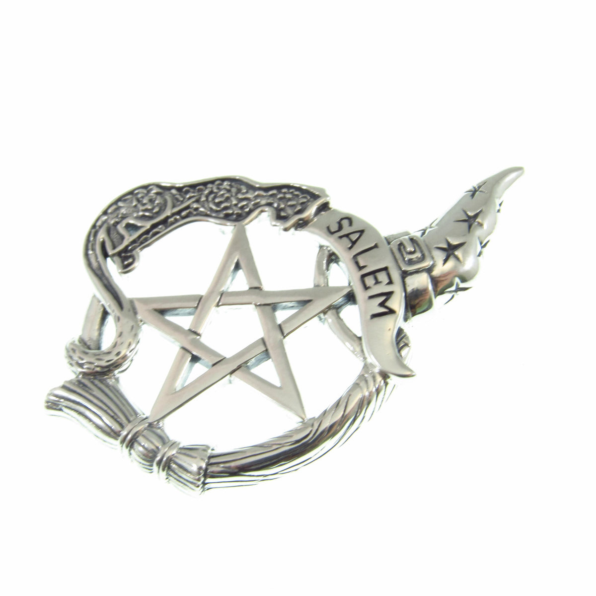 Solid 925 Sterling Silver Salem Witch & Cat Familiar Pentacle Pendant, Witchy Jewelry Amulet