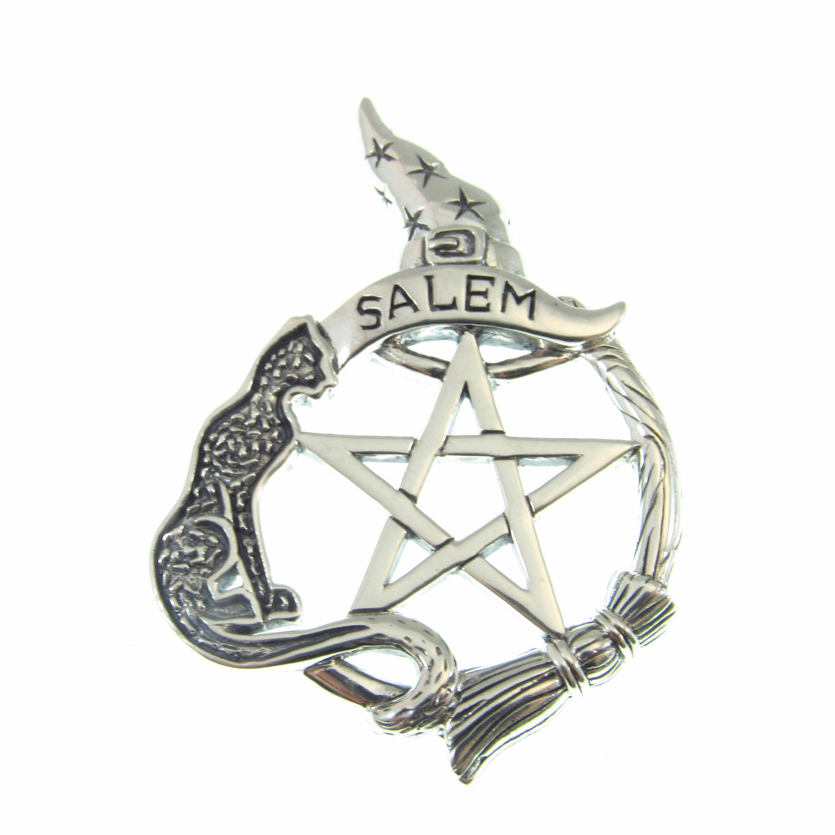 Solid 925 Sterling Silver Salem Witch & Cat Familiar Pentacle Pendant, Witchy Jewelry Amulet