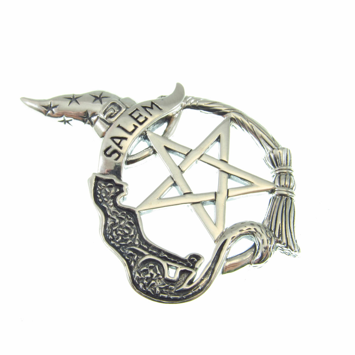 Solid 925 Sterling Silver Salem Witch & Cat Familiar Pentacle Pendant, Witchy Jewelry Amulet