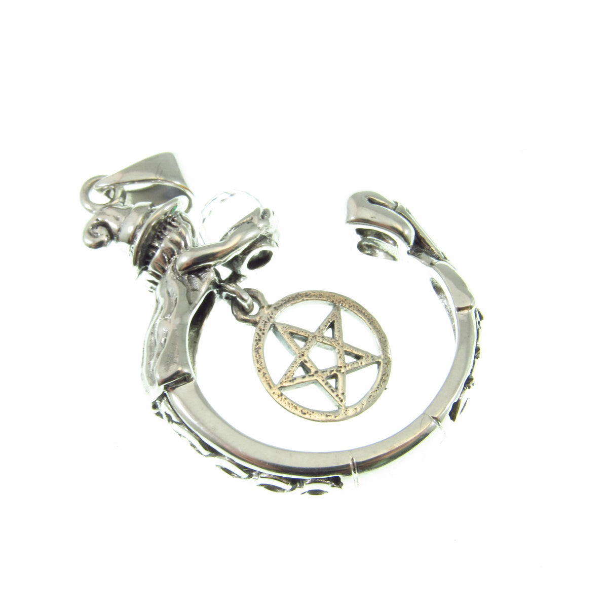 Solid 925 Sterling Silver Crystal Ball Witch Pendant, Pentacle Gothic Wiccan Pagan Occult Talisman