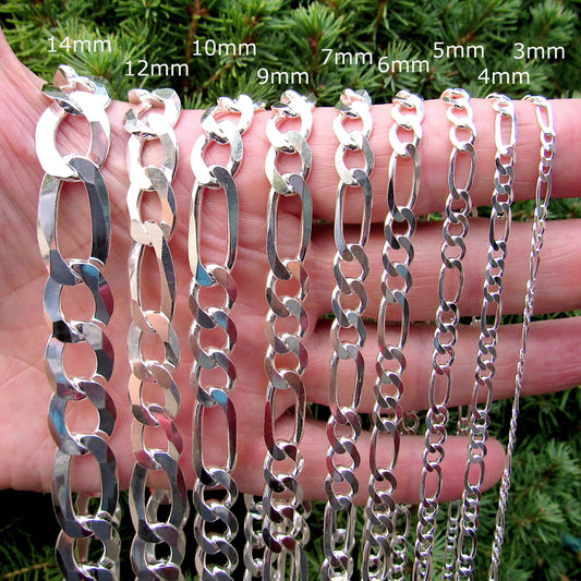 Solid 925 Sterling Silver Italian Figaro Chain, Necklace or Bracelet, 3mm-14mm, 7"-34", Heavy Chunky Links, Men's Statement Jewelry