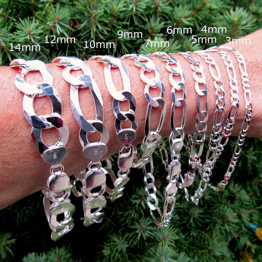 925 Figaro Link Bracelet Chain, Solid Sterling Silver, Made in Italy, Unisex Italian Urban Jewelry, Chunky and Dainty Sizes for Men & Women
