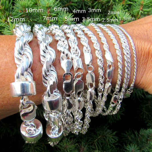 925 Italian Rope Chain Bracelet, Diamond Cut Solid Sterling Silver, Dainty or Chunky Unisex Jewelry, Timeless Gift for Him or Her