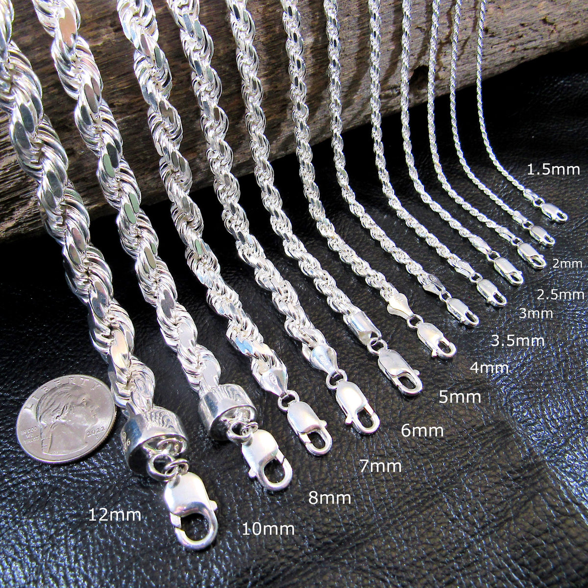 Solid 925 Sterling Silver Rope Chain, Italian Diamond Cut Necklace / Bracelet, Unisex Jewelry for Men and Women, Pendant Chain, 1.5mm–12mm