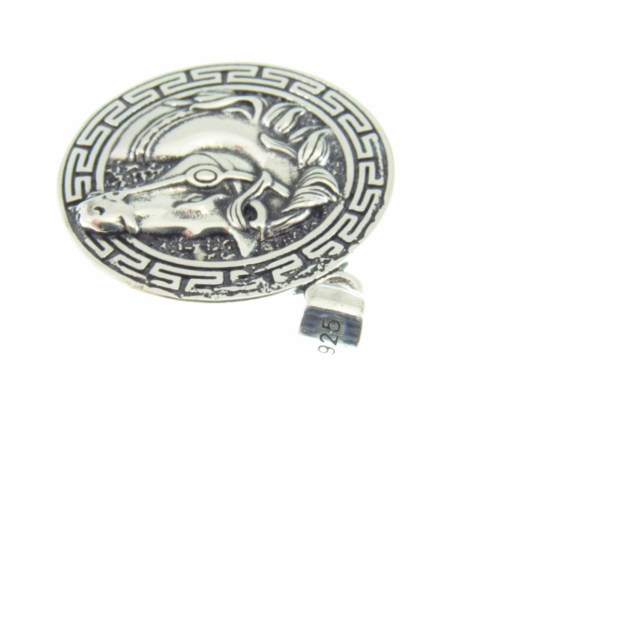 Solid 925 Sterling Silver Horse Medallion Pendant | Greek Key Puzzle, Equestrian “Coin” Necklace Amulet, Stallion Head Charm, Animal Jewelry