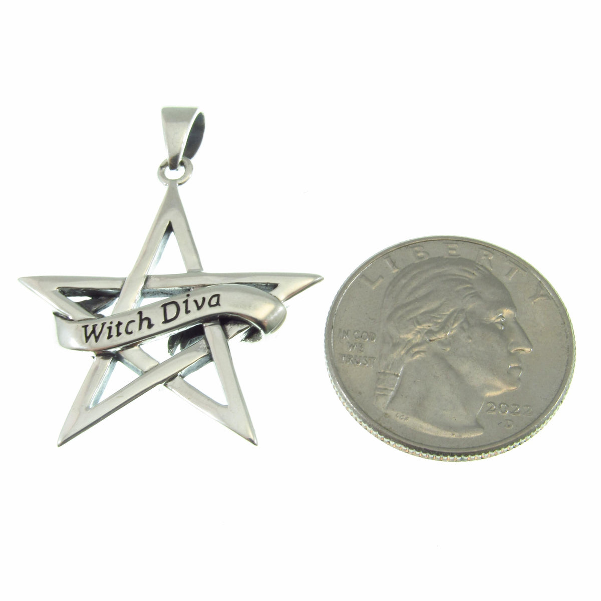 Solid 925 Sterling Silver Witch Diva Pentagram Pendant, Pagan / Wiccan Amulet, Gothic & Occult Jewelry