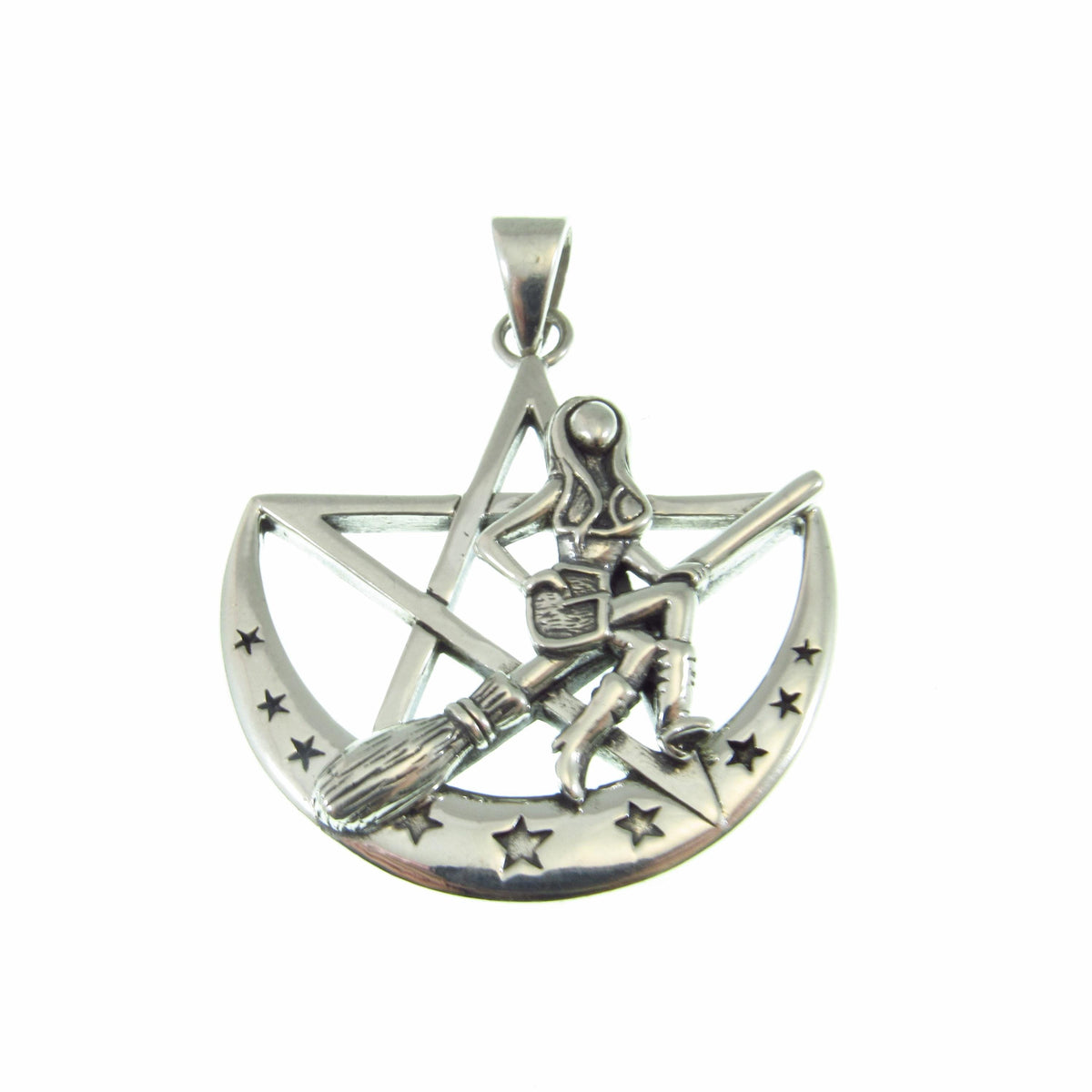 Solid 925 Sterling Silver Salem Witch on Crescent Moon Pentagram Pendant, Pagan Amulet