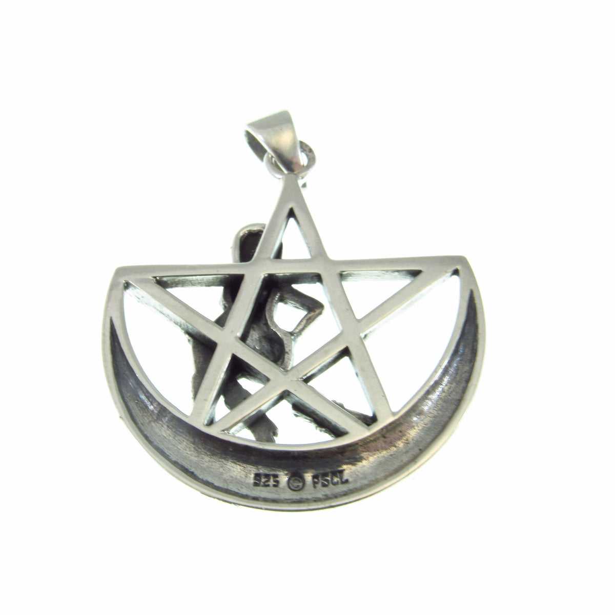 Solid 925 Sterling Silver Salem Witch on Crescent Moon Pentagram Pendant, Pagan Amulet