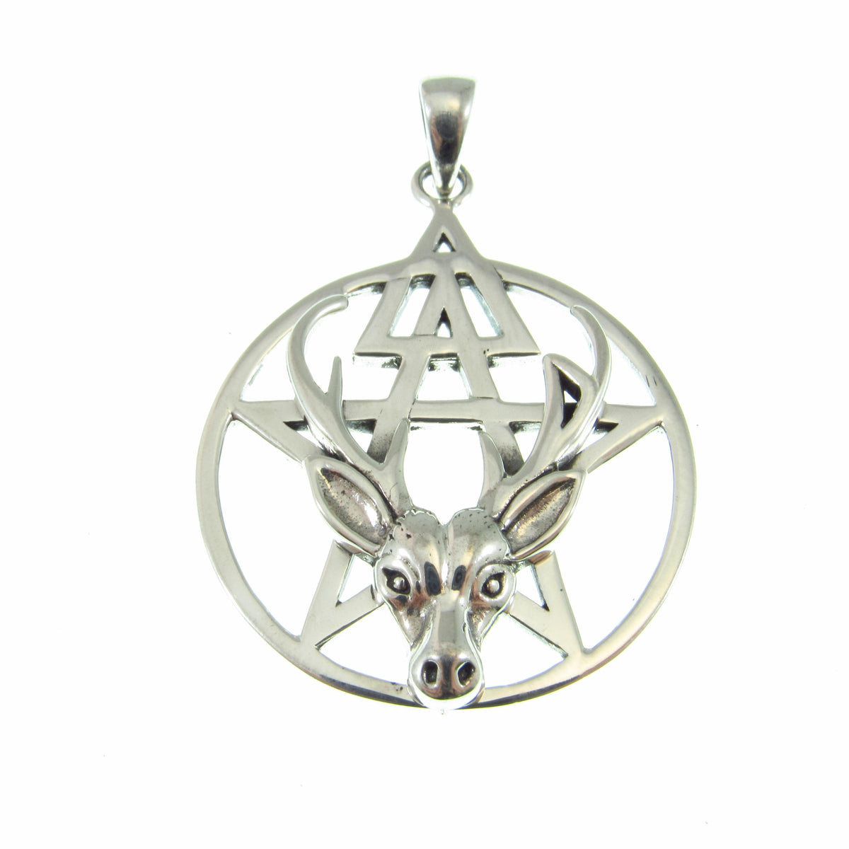 Solid 925 Sterling Silver Stag Pentacle Pendant, Antler Pagan Amulet, Third Degree Symbol