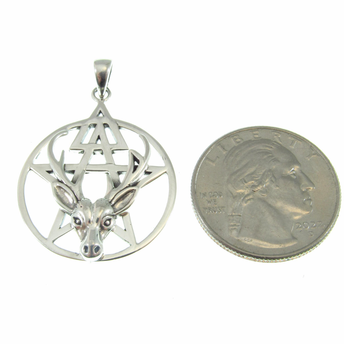 Solid 925 Sterling Silver Stag Pentacle Pendant, Antler Pagan Amulet, Third Degree Symbol