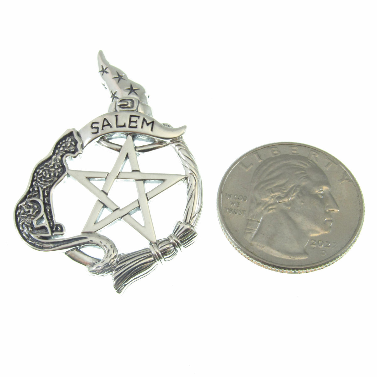 Solid 925 Sterling Silver Salem Witch & Cat Familiar Pentacle Pendant, Witchy Jewelry Amulet