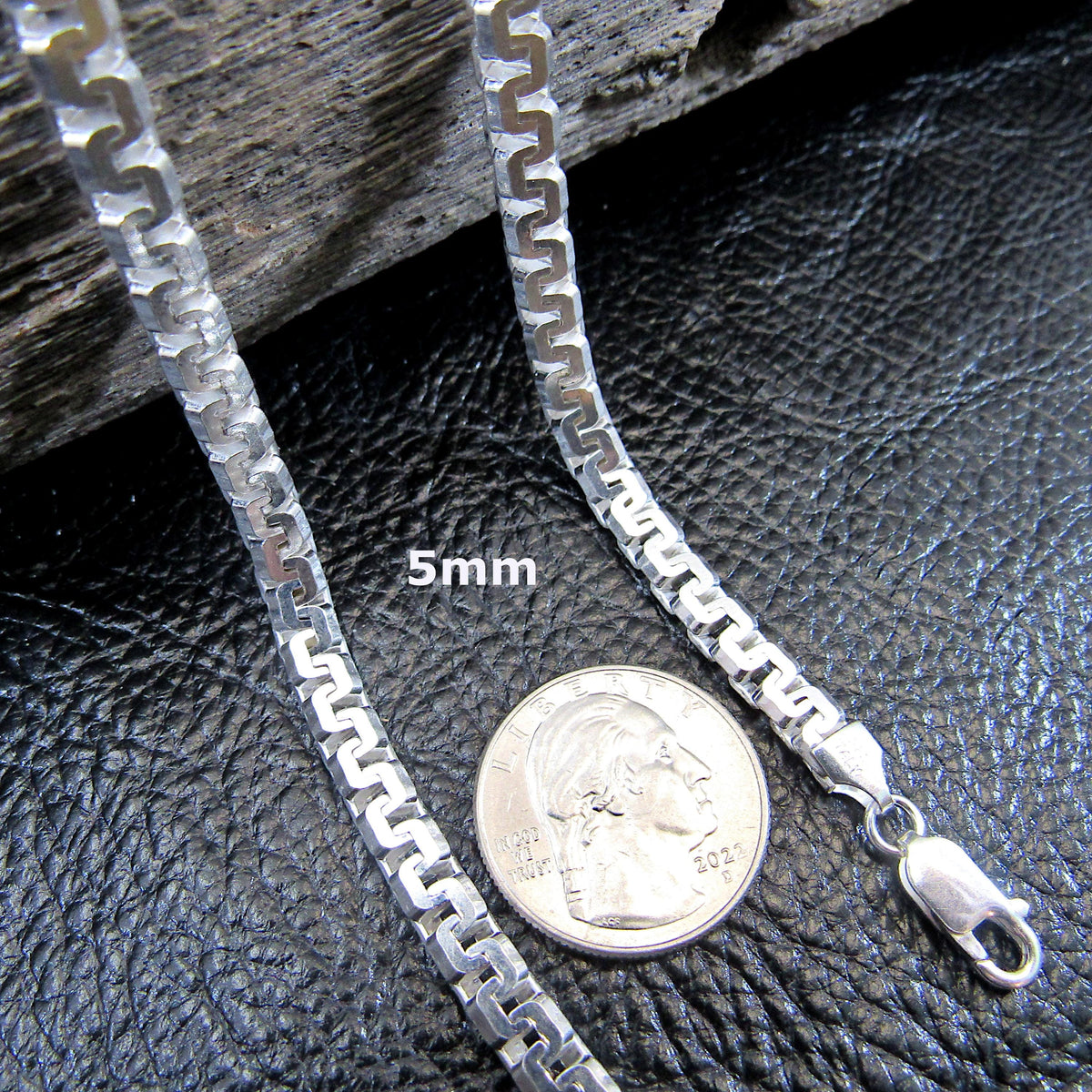Solid 925 Sterling Silver Italian Box Chain, Diamond Cut Greek Key / Meander Necklace - Chunky Urban Jewelry for Men & Women, Made in Italy
