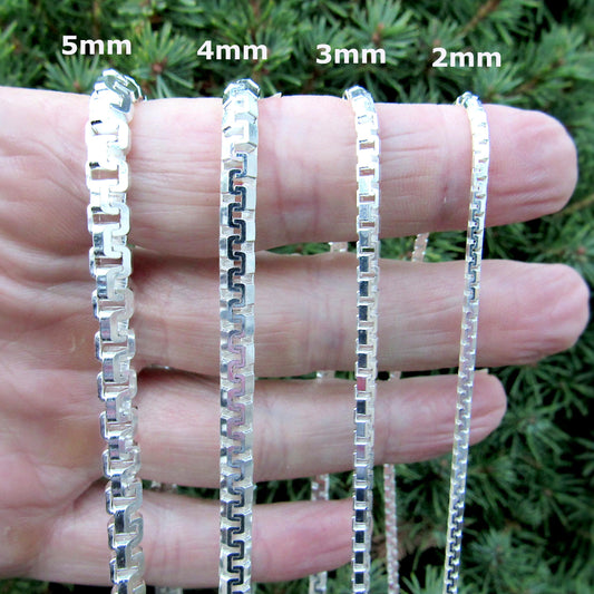 Solid 925 Sterling Silver Italian Box Chain, Diamond Cut Greek Key / Meander Necklace - Chunky Urban Jewelry for Men & Women, Made in Italy