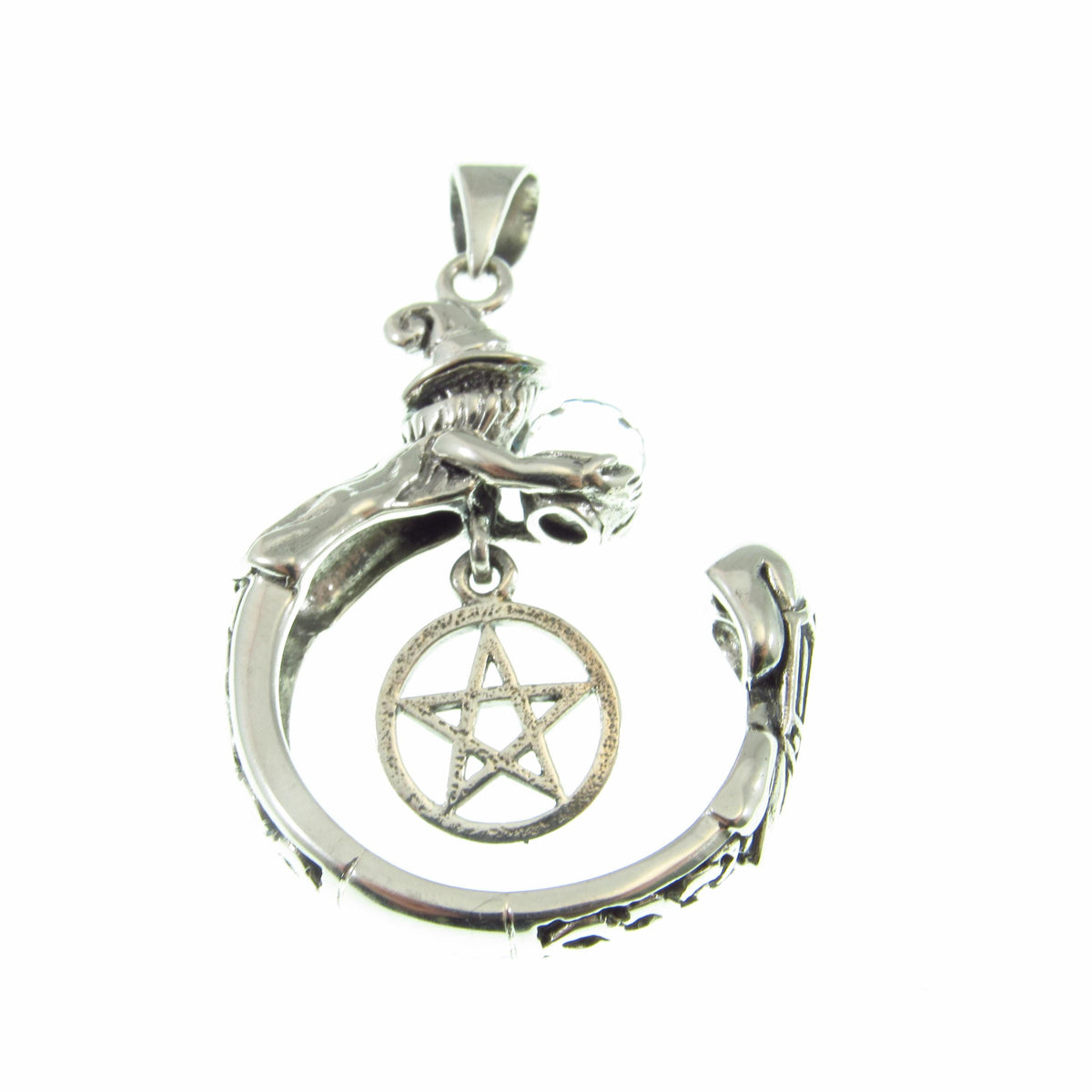 Solid 925 Sterling Silver Crystal Ball Witch Pendant, Pentacle Gothic Wiccan Pagan Occult Talisman