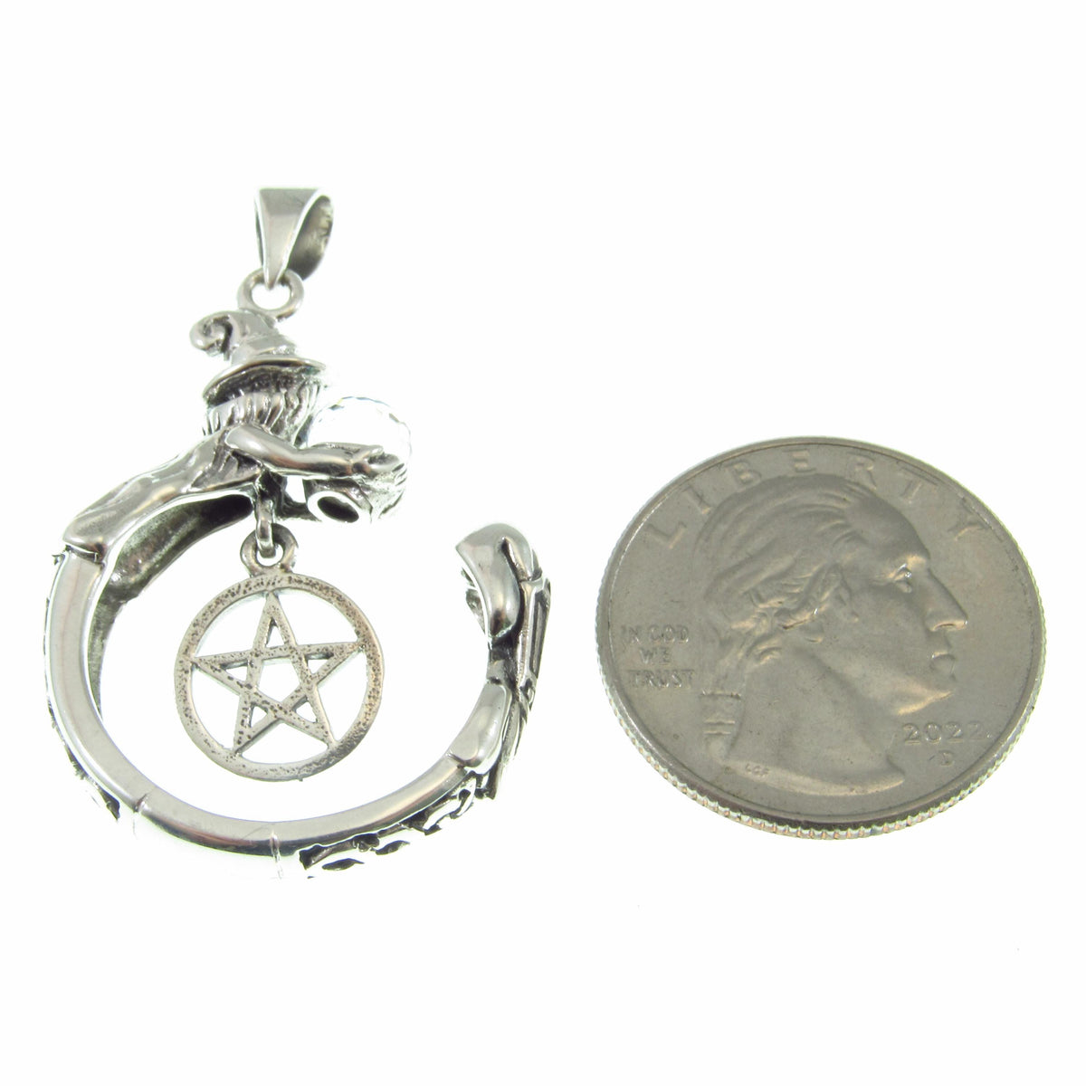 Solid 925 Sterling Silver Crystal Ball Witch Pendant, Pentacle Gothic Wiccan Pagan Occult Talisman