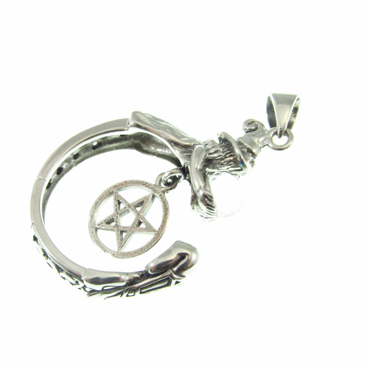 Solid 925 Sterling Silver Crystal Ball Witch Pendant, Pentacle Gothic Wiccan Pagan Occult Talisman