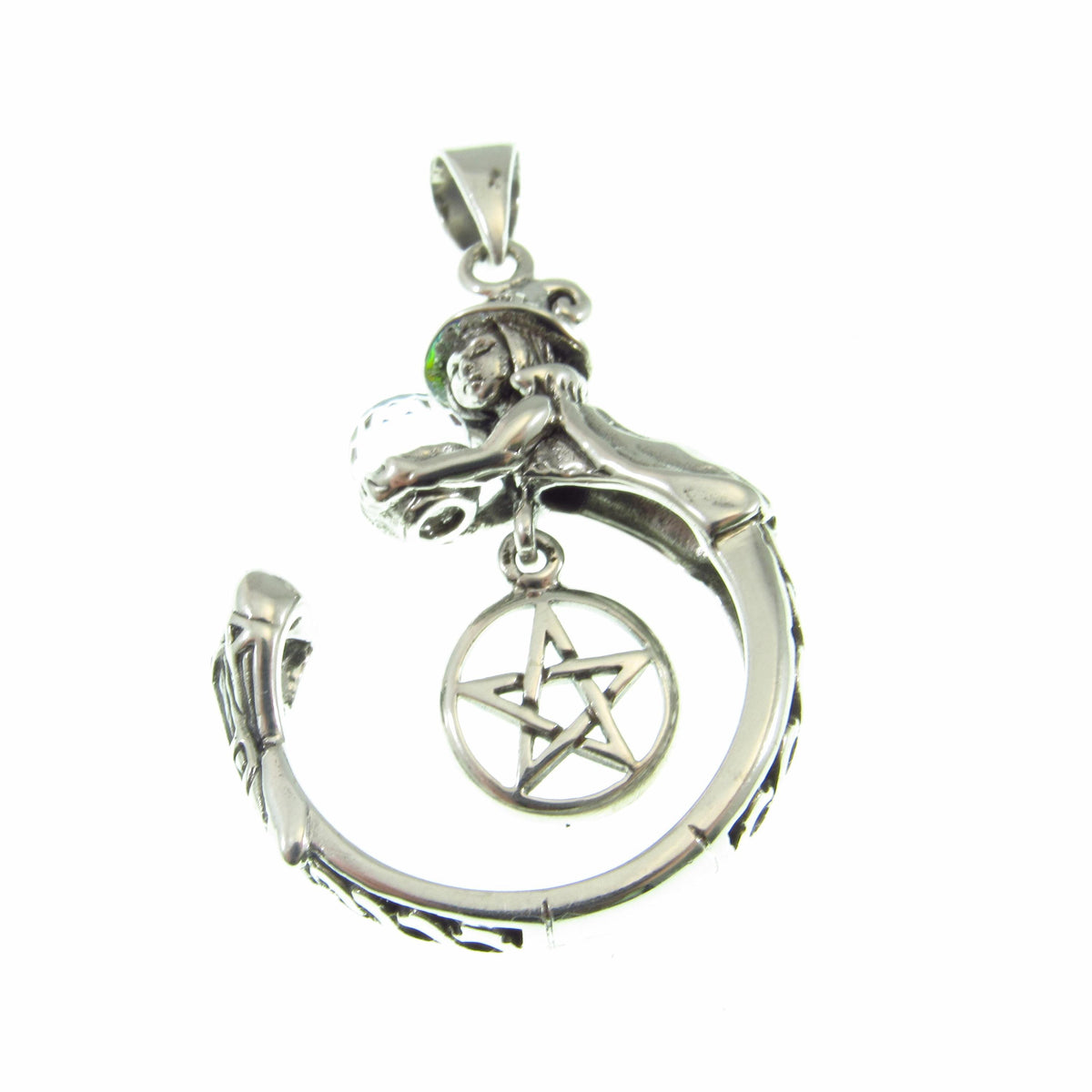 Solid 925 Sterling Silver Crystal Ball Witch Pendant, Pentacle Gothic Wiccan Pagan Occult Talisman