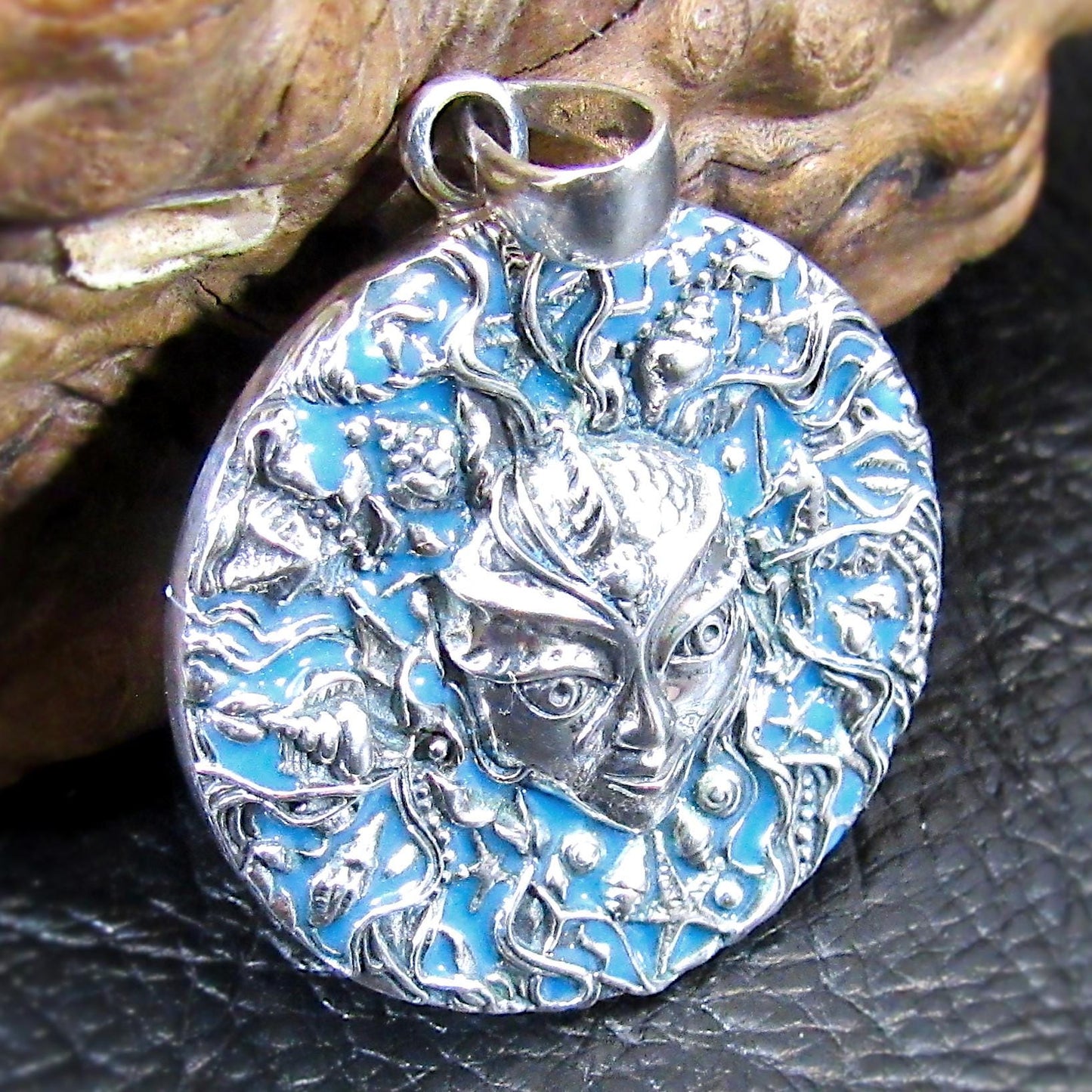 Solid 925 Sterling Silver Mari Sea Goddess Pendant by Oberon Zell – Ocean Mythology Jewelry with Optional Blue / Aqua Enamel, Nautical Gift