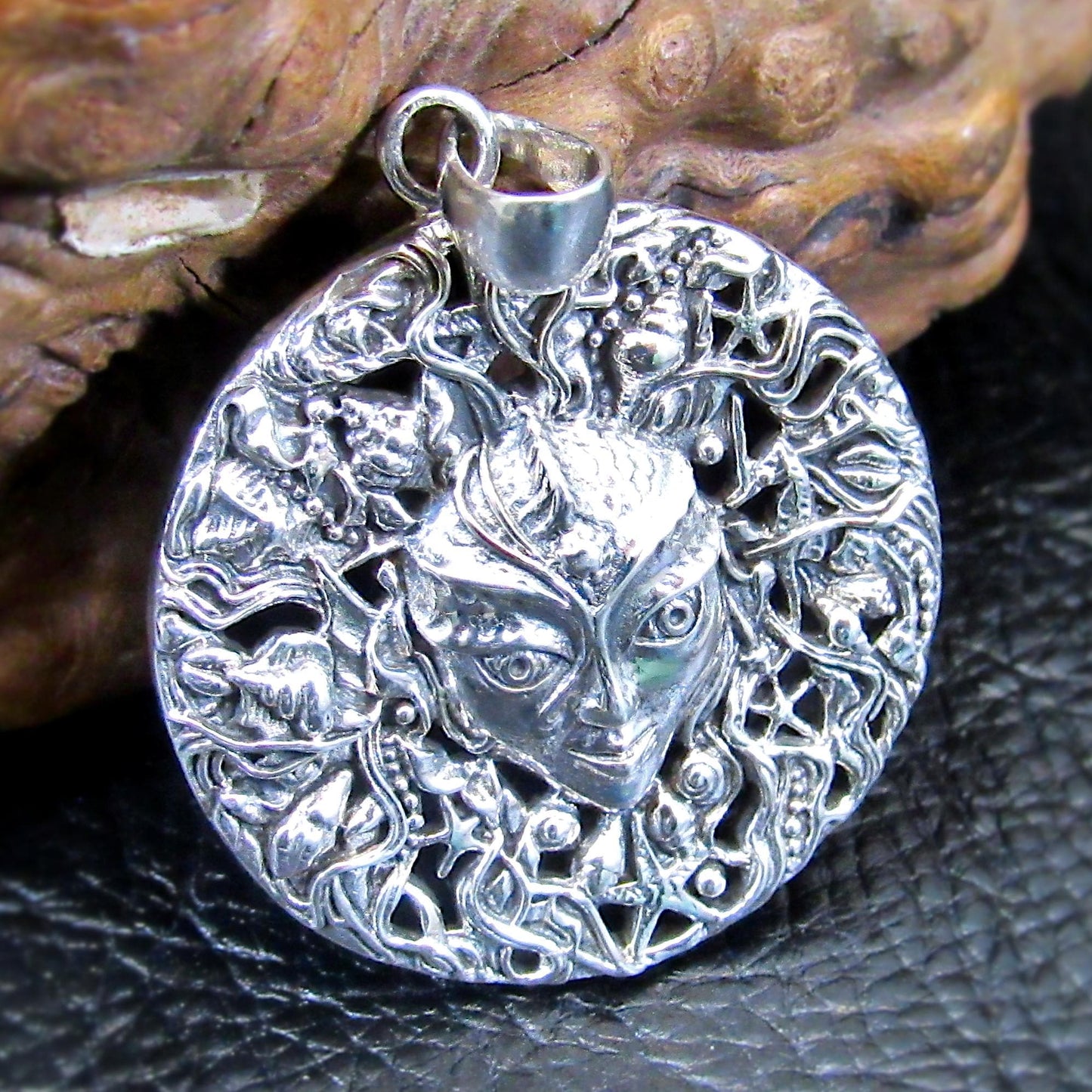 Solid 925 Sterling Silver Mari Sea Goddess Pendant by Oberon Zell – Ocean Mythology Jewelry with Optional Blue / Aqua Enamel, Nautical Gift