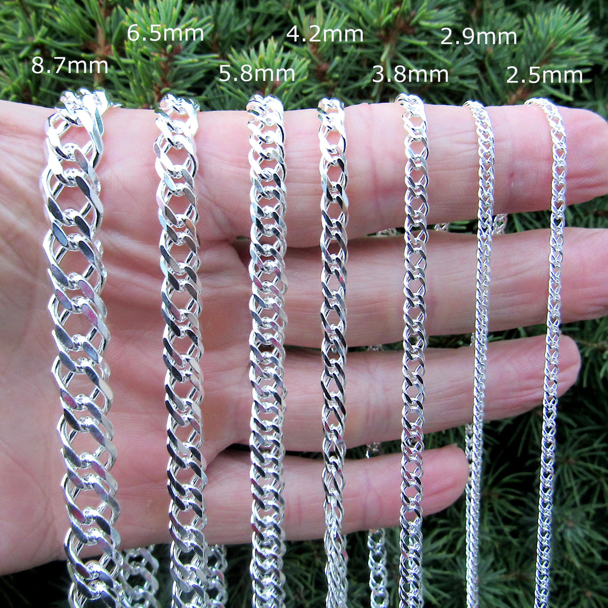 Solid 925 Sterling Silver Rombo Chain Necklace or Bracelet – Italian Diamond Cut Double Link Curb Chain for Men, 2.5mm–8.7mm, 7–30 inch