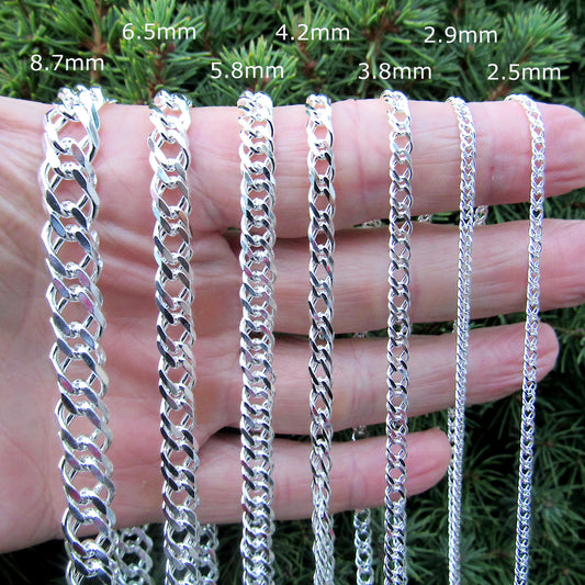 Solid 925 Sterling Silver Rombo Chain Necklace or Bracelet – Italian Diamond Cut Double Link Curb Chain for Men, 2.5mm–8.7mm, 7–30 inch