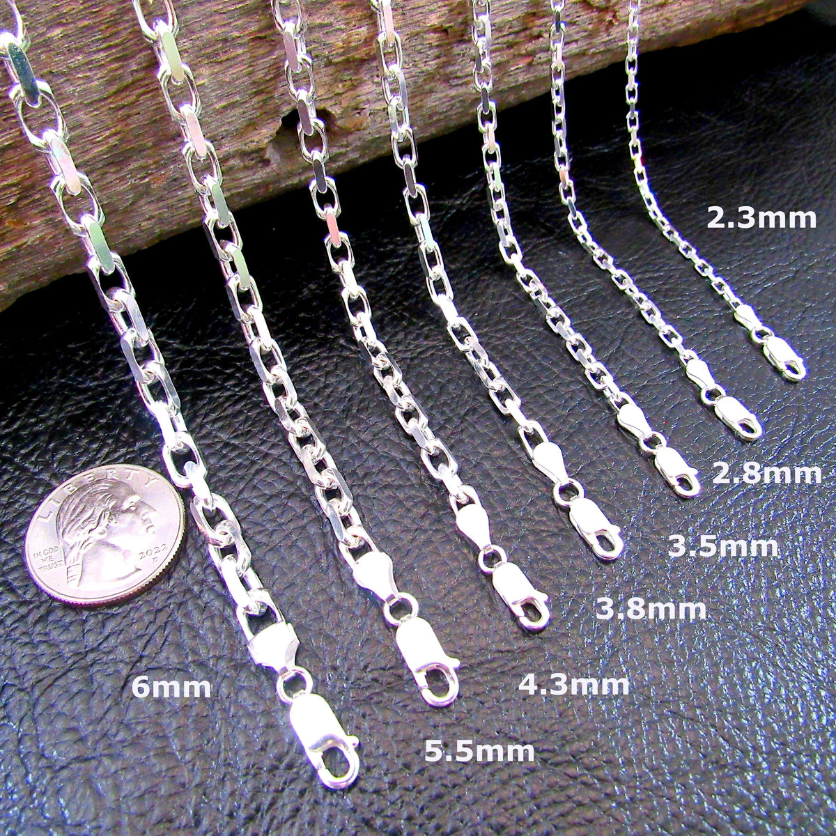 Solid 925 Sterling Silver Anchor Chain, Diamond Cut, Men's Nautical Cable Link Necklace or Bracelet, Made in Italy
