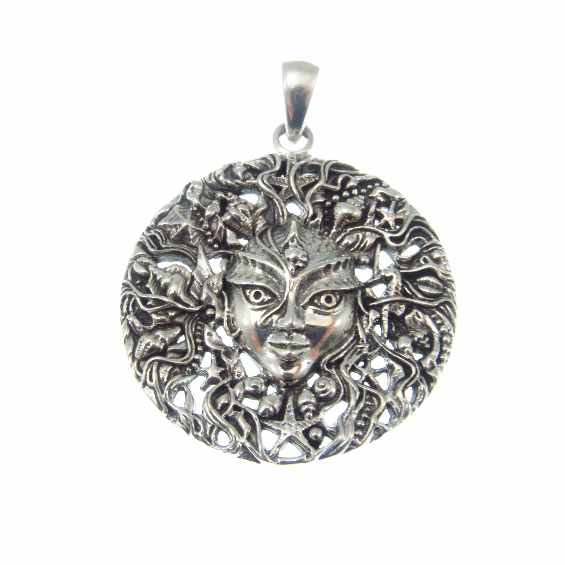 Solid 925 Sterling Silver Mari Sea Goddess Pendant by Oberon Zell – Ocean Mythology Jewelry with Optional Blue / Aqua Enamel, Nautical Gift