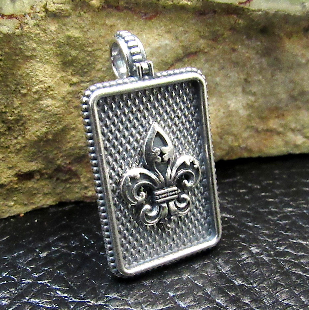 Solid 925 Sterling Silver Fleur-de-Lis Pendant – Rectangular Medallion, Unisex Oxidized Necklace Charm