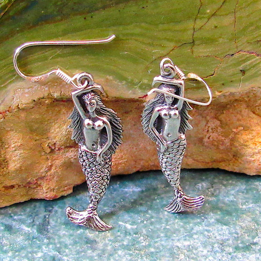 Solid 925 Sterling Silver Mermaid Earrings – Nautical Ocean Jewelry for Women, Handcrafted Sea Siren Drop / Dangle / Hook Earrings