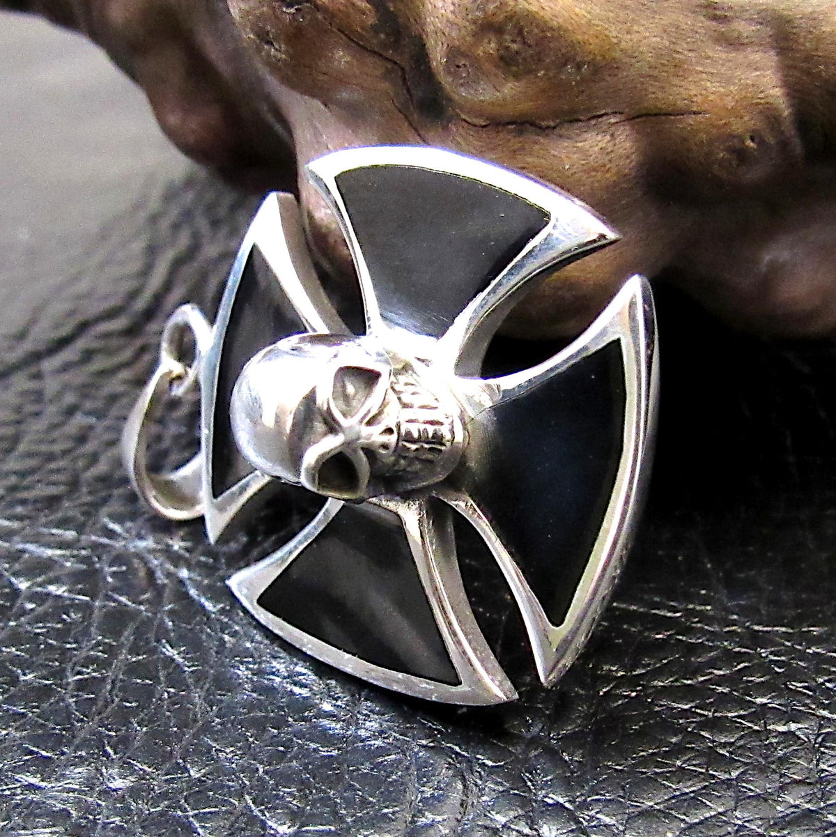 Solid 925 Sterling Silver Iron Cross with Skull & Black Onyx Inlay – Gothic Biker Cross Necklace Pendant for Men