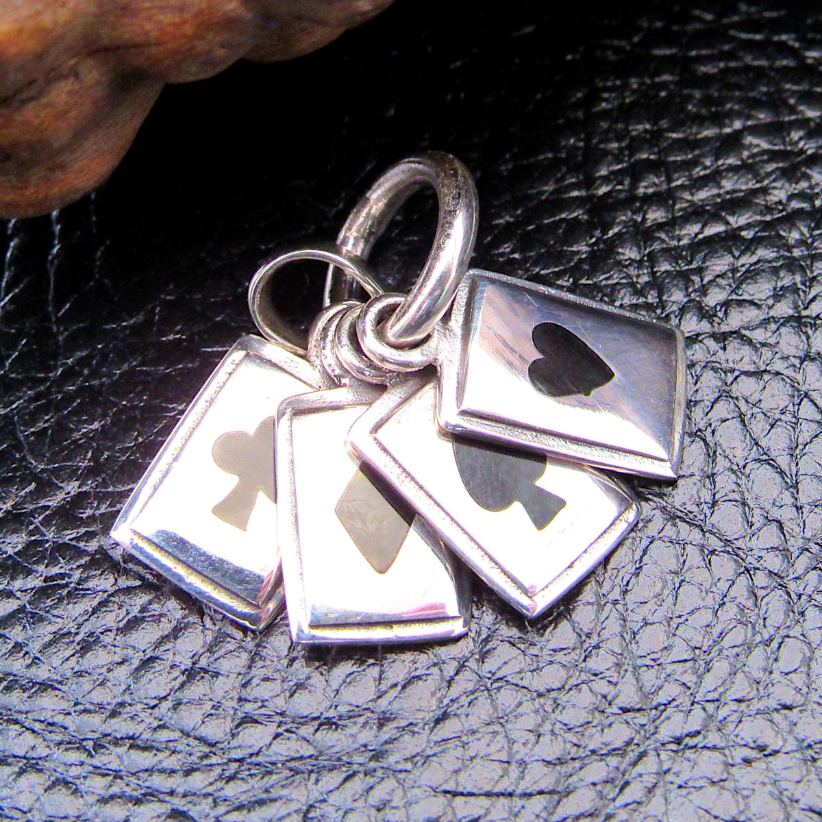 Solid 925 Sterling Silver Playing Cards Pendant – Four-Suit Charm with Black Onyx Inlay