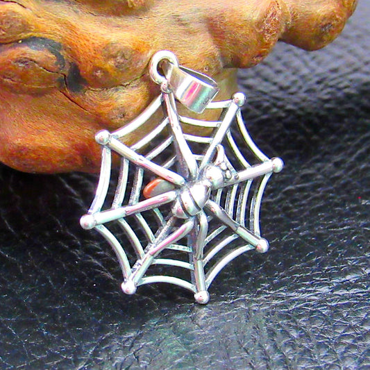 Solid 925 Sterling Silver Spider on her Web Pendant, Gothic Spider Necklace Charm