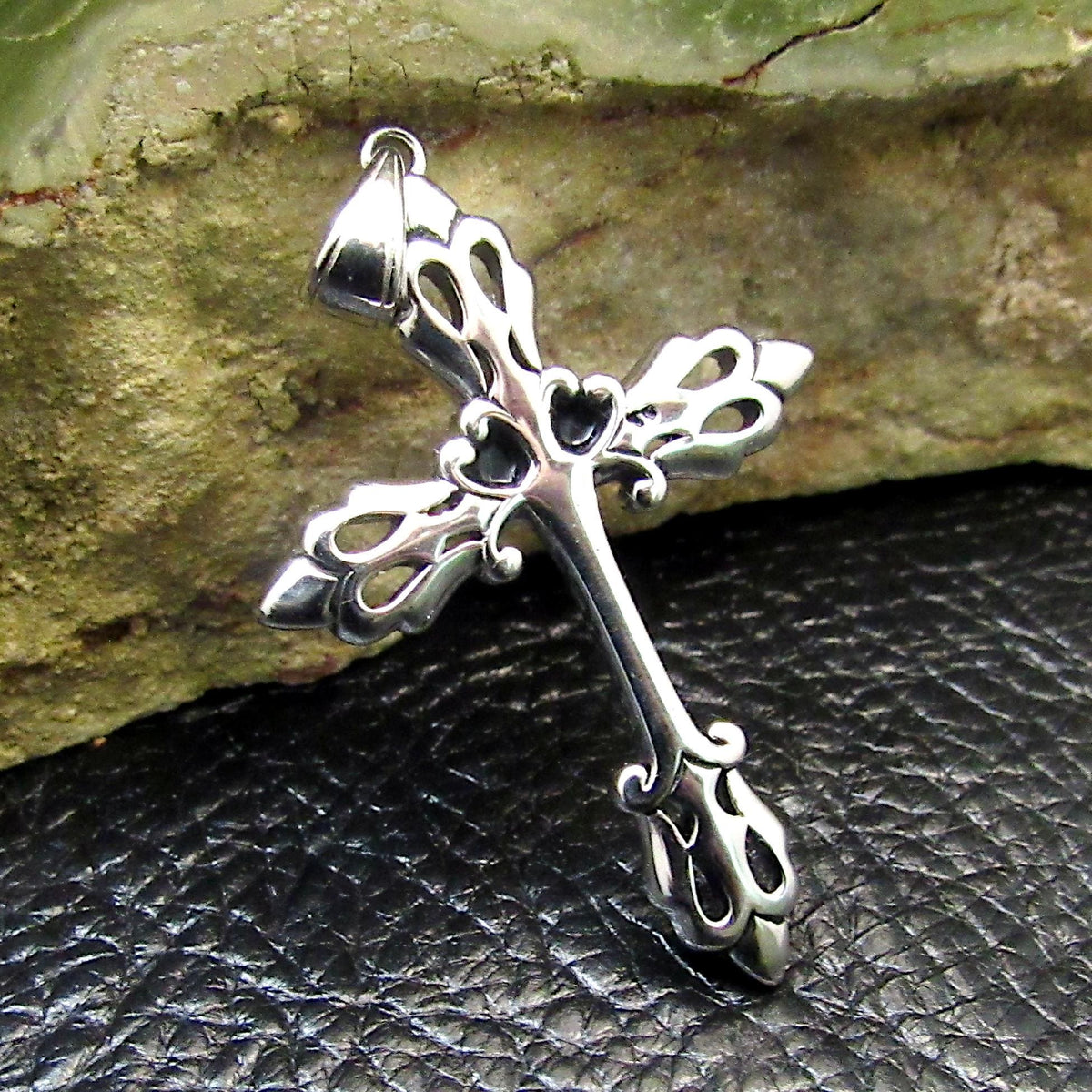 Solid 925 Sterling Silver Gothic Fleur-de-Lis Cross Pendant, Vintage Style Christian Necklace Charm, Ornate Medieval Style Jewelry