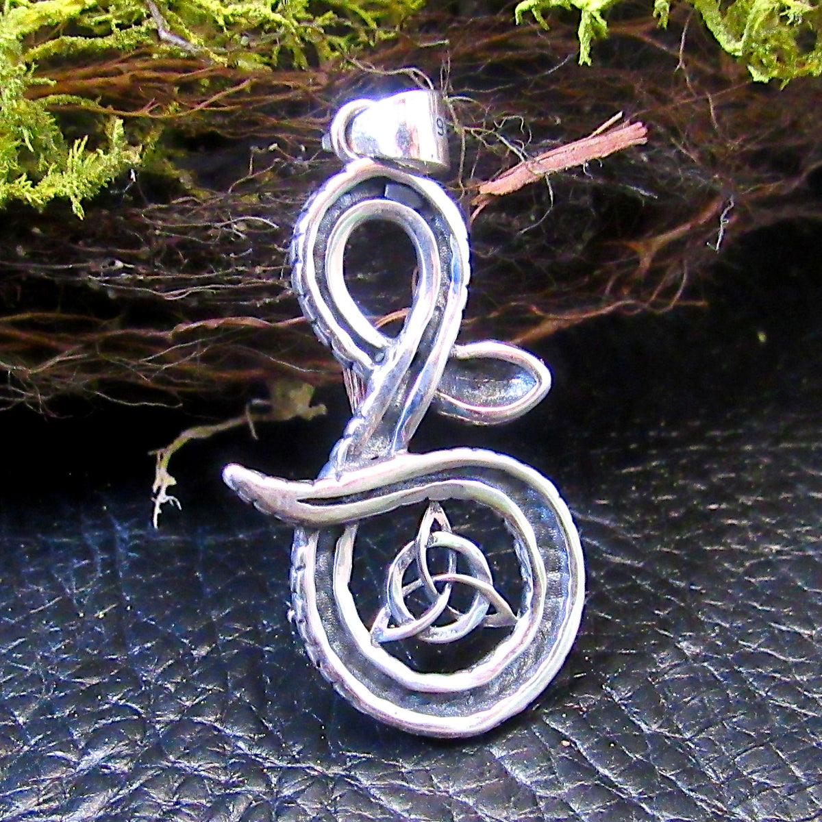 Solid 925 Sterling Silver Snake & Celtic Triquetra Knot Pendant - Mystical Serpent Charm - Pagan Trinity Jewelry - Unique Statement Piece