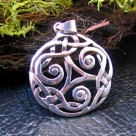 Solid 925 Sterling Silver Triskelion Pendant, Handcrafted Triskele Triple Spiral Amulet, Celtic Knotwork Jewelry