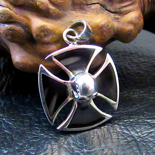 Solid 925 Sterling Silver Iron Cross with Skull & Black Onyx Inlay – Gothic Biker Cross Necklace Pendant for Men