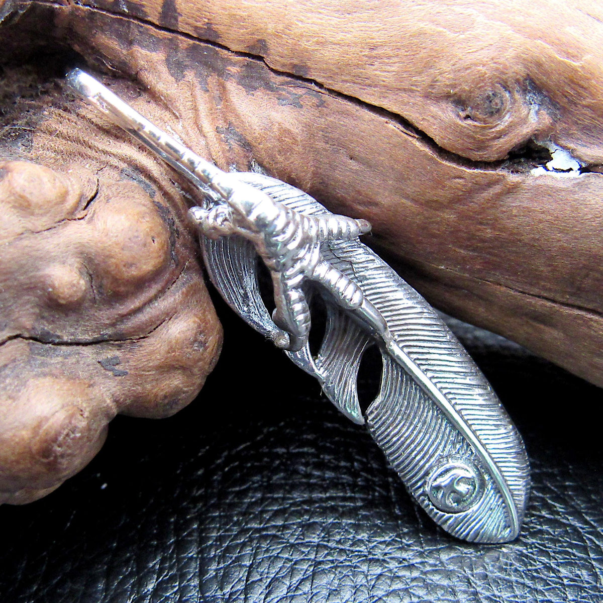 Solid 925 Sterling Silver Eagle Claw & Feather Slide Pendant – Native-Style Hawk Talon Feather Amulet
