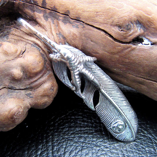 Solid 925 Sterling Silver Eagle Claw & Feather Slide Pendant – Native-Style Hawk Talon Feather Amulet