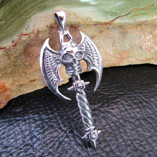 Solid 925 Sterling Silver Double Axe Skull Pendant – Gothic Warrior Battle Axe Amulet