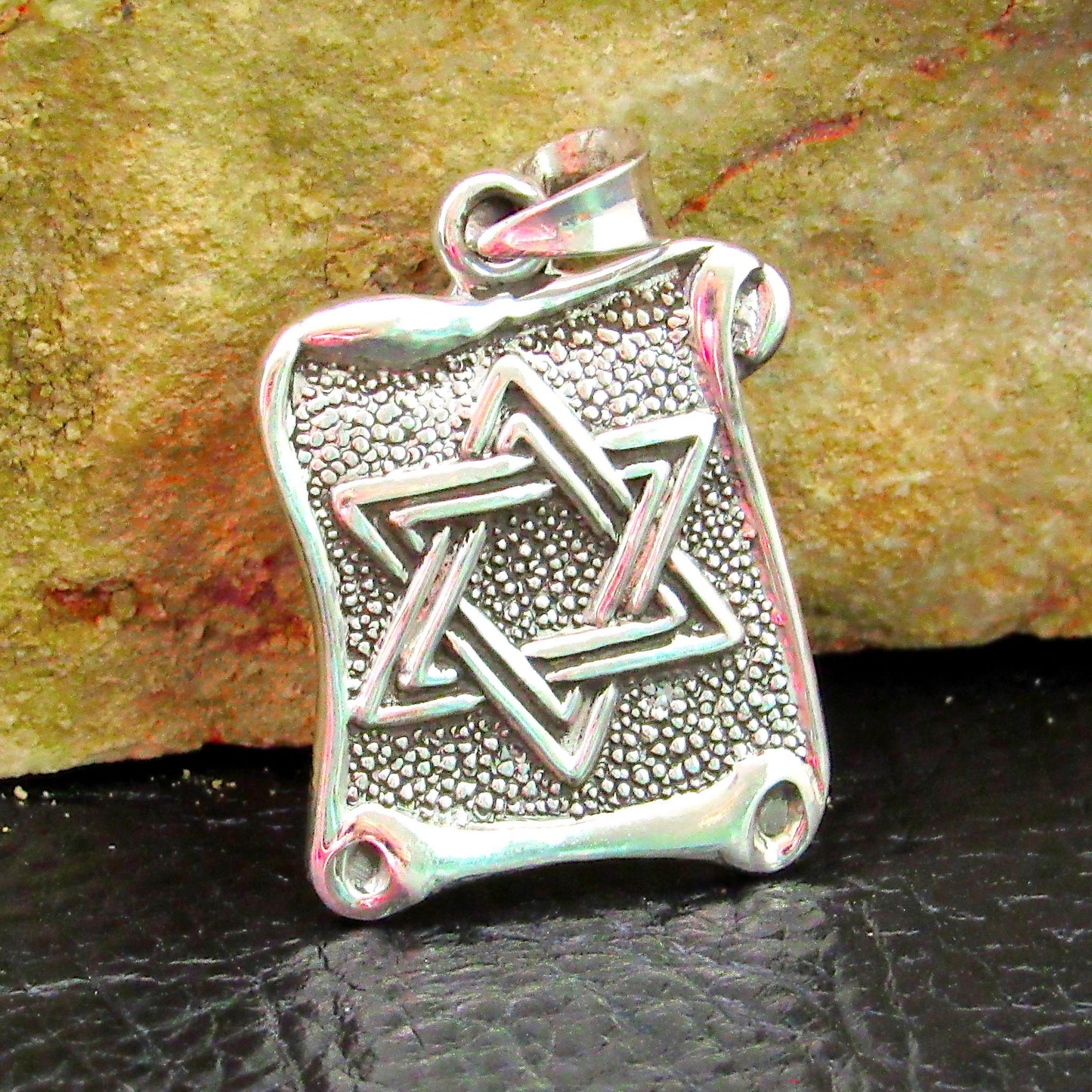 Solid 925 Sterling Silver Star of David Pendant with Scrolls, Hammered Metal on Parchment