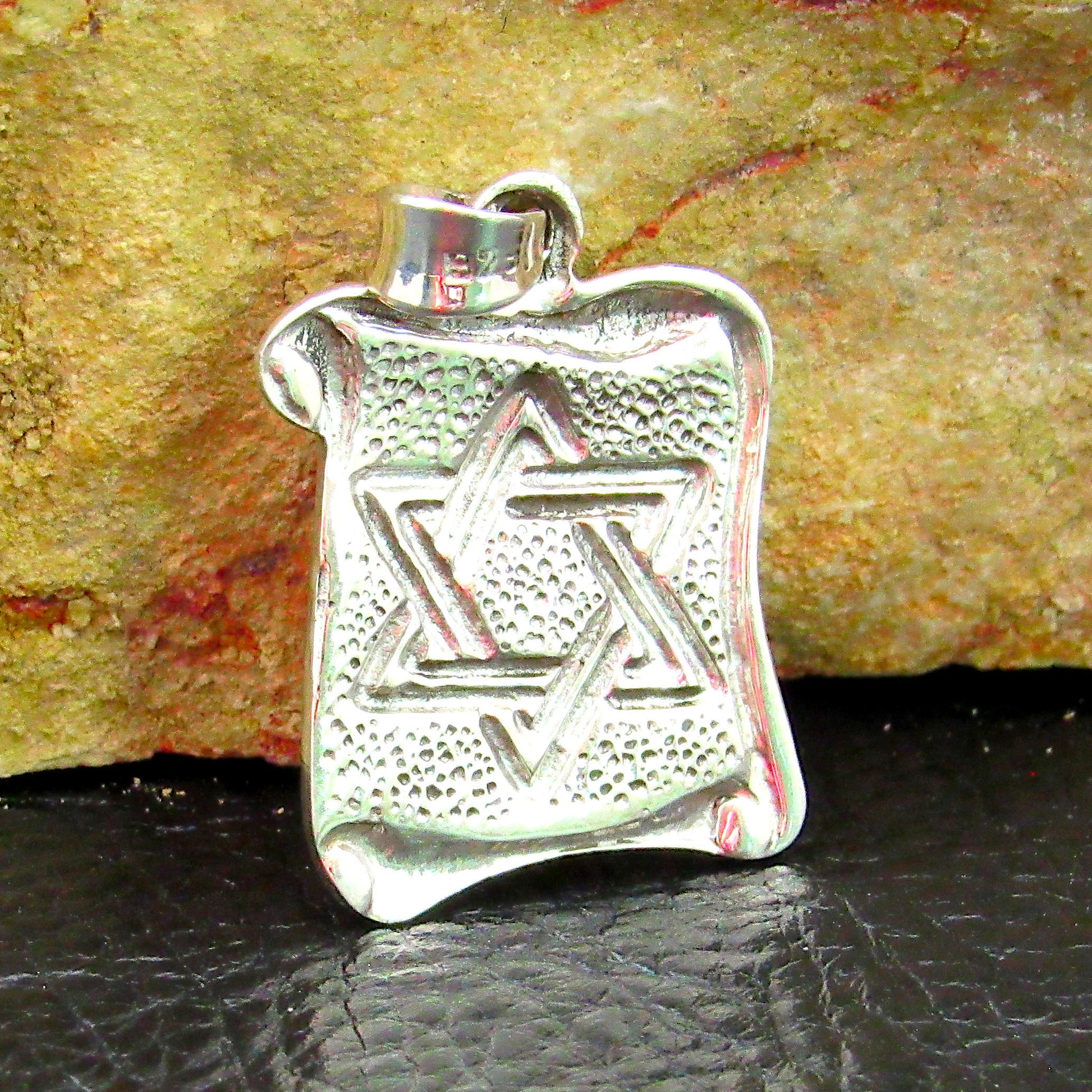 Solid 925 Sterling Silver Star of David Pendant with Scrolls, Hammered Metal on Parchment