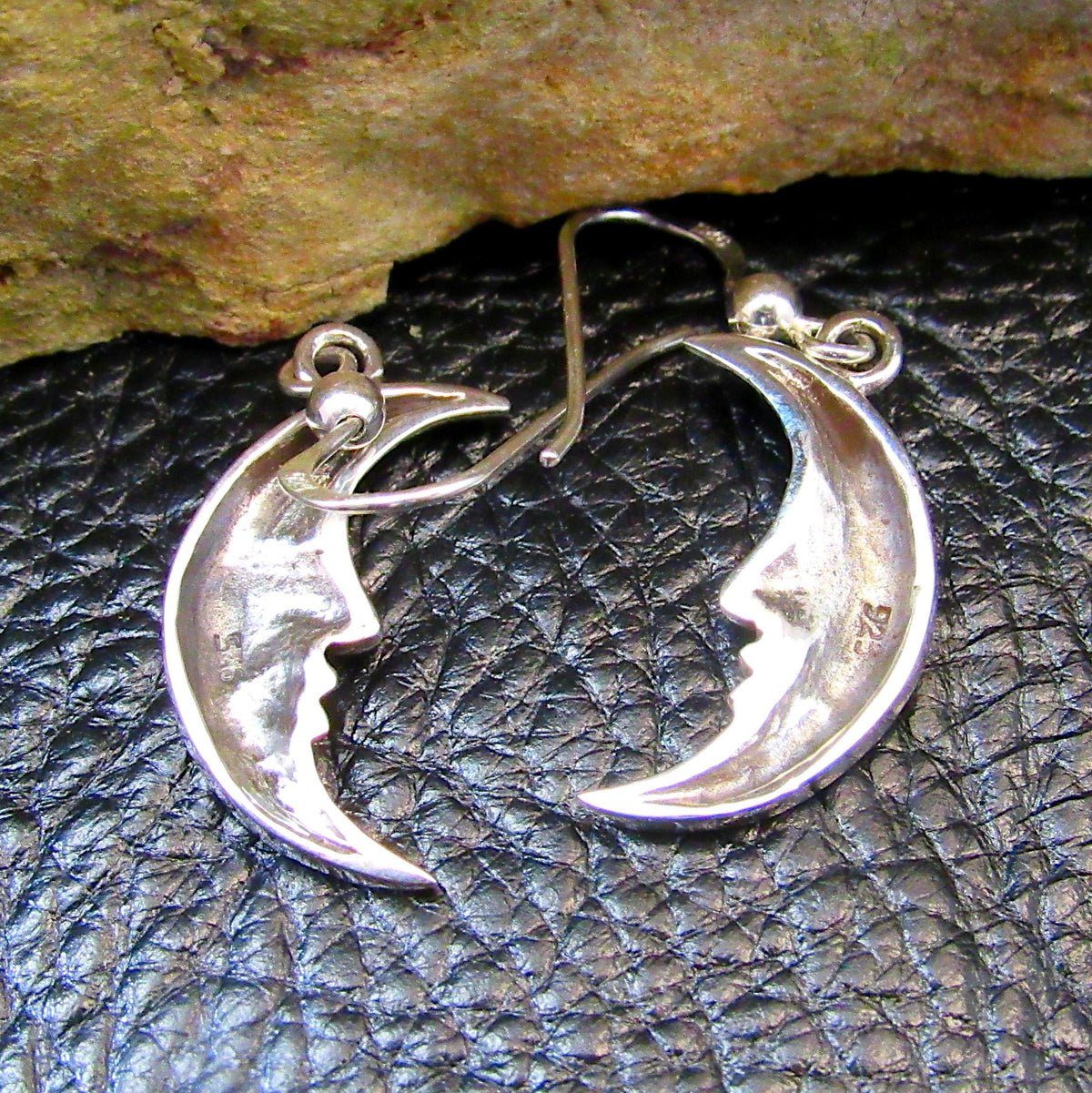 Solid 925 Sterling Silver Crescent Moon Face Earrings, Drop Dangle Hook Earrings, Celestial Jewelry
