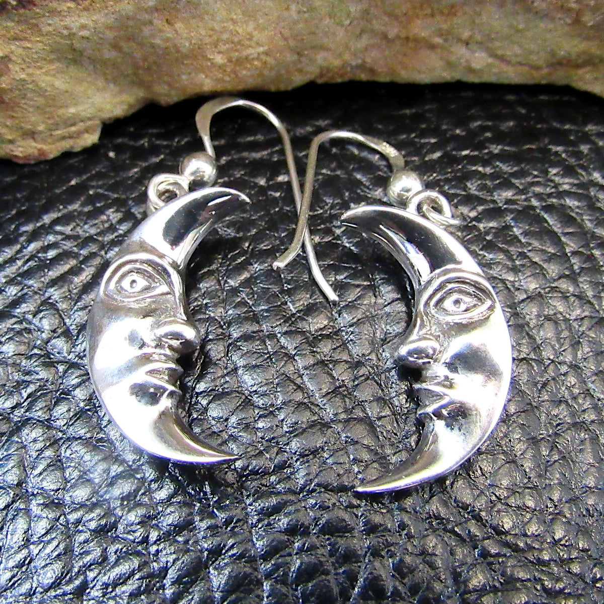 Solid 925 Sterling Silver Crescent Moon Face Earrings, Drop Dangle Hook Earrings, Celestial Jewelry