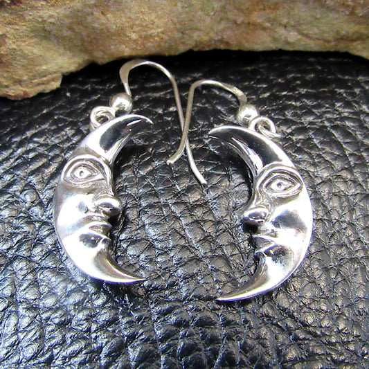 Solid 925 Sterling Silver Crescent Moon Face Earrings, Drop Dangle Hook Earrings, Celestial Jewelry